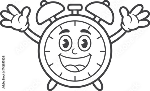 Happy cartoon alarm clock with arms raised in excitement
