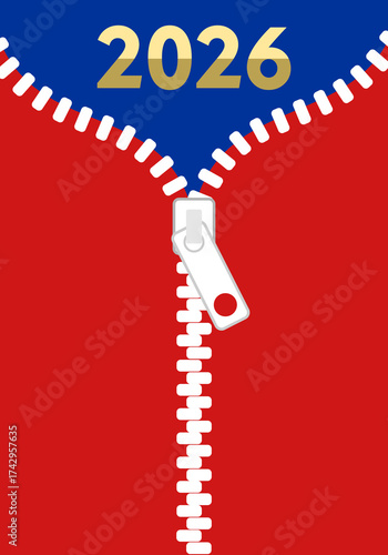 2026 unveiling with a bold zipper design in red and blue colors on a clean background