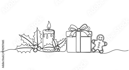Festive one-line drawing of Christmas elements including a candle, gift box, gingerbread man, and holly leaves, perfect for holiday designs