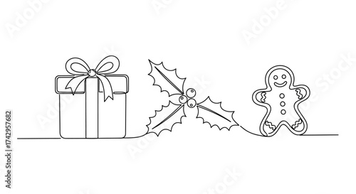 Festive Linear Drawing Gift Box, Holly Sprig, and Gingerbread Man - A Minimalist Christmas Design Element