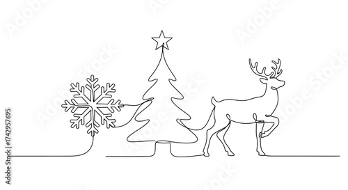 Continuous line art of a graceful deer pulling a festive Christmas tree linked to a delicate snowflake, embodying the minimalist elegance of winter holidays and joyful celebrations