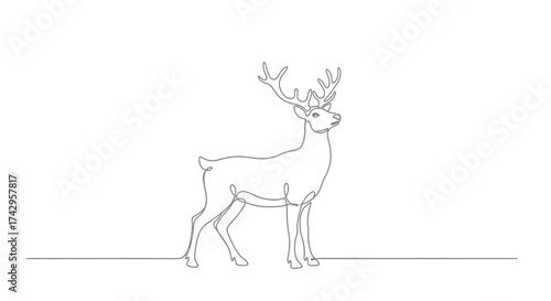 Minimalist continuous line drawing of a majestic stag with impressive antlers, captured in a single, unbroken stroke against a clean white background, evoking elegance and nature's artistry