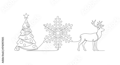 Christmas tree, snowflake, and reindeer a minimalist line art illustration for festive holiday designs and greeting cards