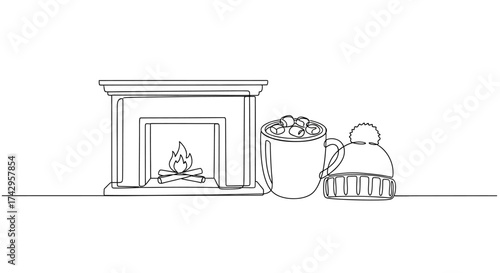 Cozy Winter Night Single-Line Drawing of Fireplace, Hot Chocolate, and Knit Cap, Perfect for Seasonal Designs and Warmth