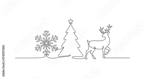 Minimalist Christmas Line Art Snowflake, Tree, and Reindeer, Perfect for Holiday Decorations and Festive Designs