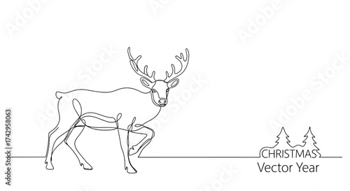 One-Line Art Reindeer and Christmas Trees Illustration for Holiday Decor, Greetings, and Festive Design Projects