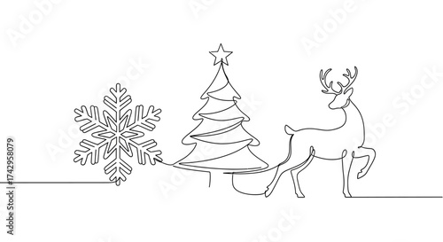 Festive single-line illustration featuring a snowflake, Christmas tree, and reindeer, perfect for holiday greetings and festive designs