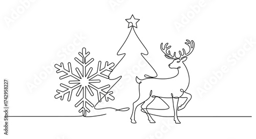 Line art illustration for holiday celebrations, featuring a festive Christmas tree, snowflake, and a graceful reindeer, perfect for seasonal designs
