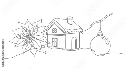 Minimalist continuous line art drawing of a cozy snow-covered winter house, a blooming poinsettia, and a hanging holiday bauble, ideal for seasonal graphic designs