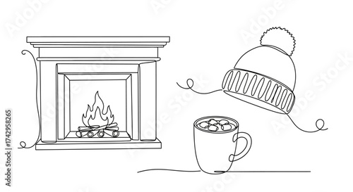 Continuous line art illustration of a cozy winter setup, featuring a warm fireplace, a hot chocolate mug, and a knitted hat, embodying comfort