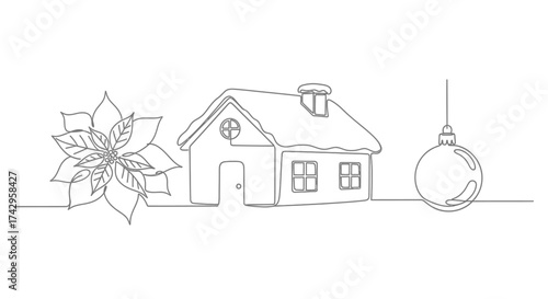 Festive Single Line Drawing A Whimsical Christmas Scene with House, Ornament, and Poinsettia for Holiday Projects