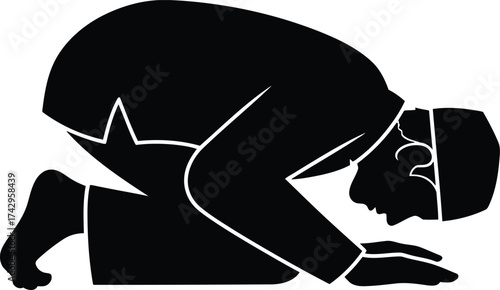 Silhouette islamic man praying bowing down prostration submission devout worship spiritual prayer ritual vector