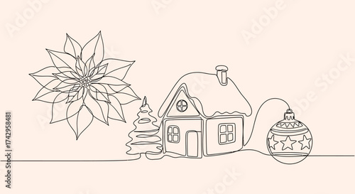 Minimalist single line art illustration of a Christmas village concept, featuring a snowy house, pine tree, holiday flower, and festive decoration