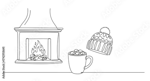 Cozy winter scene featuring a roaring fireplace, a warm mug of hot chocolate with marshmallows, and a knitted winter hat, evoking feelings of comfort and relaxation during the colder months