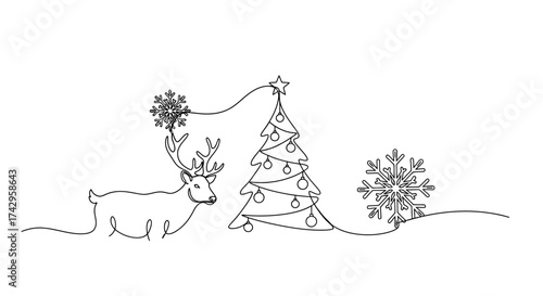 Festive line art depicting a reindeer pulling a Christmas tree adorned with ornaments, leading to a snowflake, symbolizing winter holiday celebrations and New Year