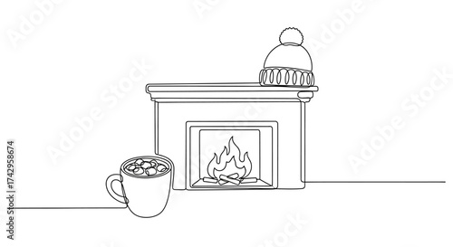 A cozy winter scene drawn in a single continuous line, showing a warm fireplace, a mug of hot chocolate with marshmallows, and a knitted hat on the mantle
