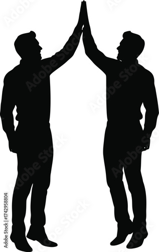 Two silhouetted men giving a high five celebrating success teamwork achievement partnership collaboration vector