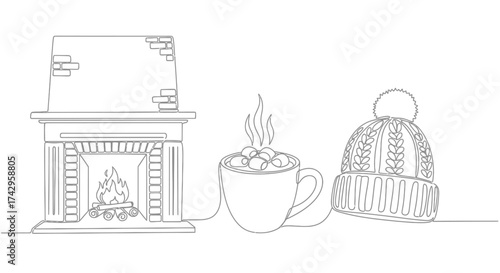 Cozy Winter Comfort A Single Line Drawing of a Fireplace, Hot Cocoa, and a Warm Knitted Hat, Perfect for the Season