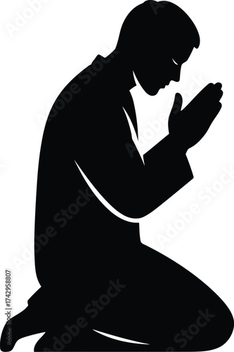 Silhouette of man praying in islamic tradition kneeling with hands clasped devotion and faith vector