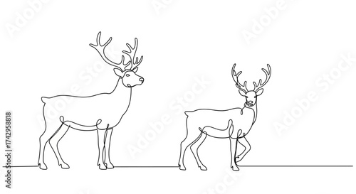 Two Elegant Deer Outline Minimalist Wildlife Art for Nature Enthusiasts and Modern Design, One-Line Drawing Concept