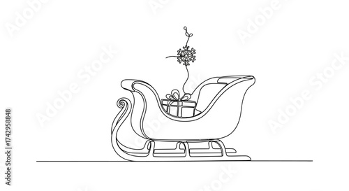 Continuous line art of a festive holiday sleigh carrying a beautifully wrapped present, symbolizing joy and giving in a minimalist design, perfect for seasonal celebrations