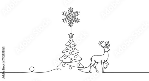 Elegant Christmas Tree with Ornaments, Snowflake Topper, and Reindeer in a Continuous Line Art Illustration for Holiday Decoration