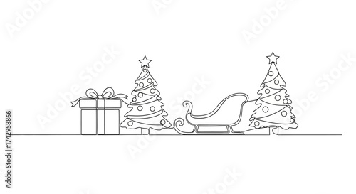 Festive Linear Drawing Christmas Elements with Gift, Christmas Trees, and Sleigh, Perfect for Holiday Decorations and Designs