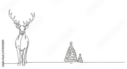 Minimalist one line drawing of a majestic reindeer standing by decorated Christmas trees. A simple and elegant vector for the holiday season