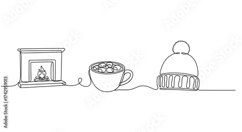 Cozy Winter Scene Fireplace, Hot Chocolate, and Hat in One Continuous Line Art Style for Relaxation and Warmth