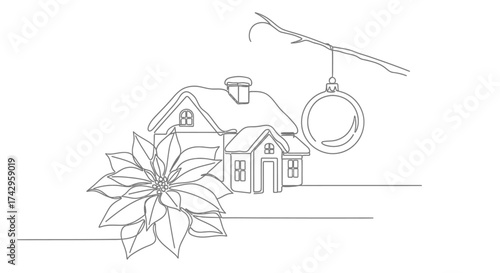 Minimalist single line art illustration of a cozy winter home decorated for Christmas with a beautiful poinsettia and festive bauble