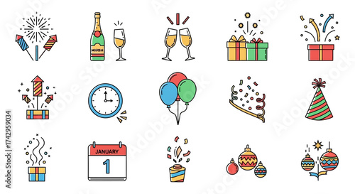 New Year's Eve Celebration Icons Fireworks, Champagne, Gifts, Party Hats, Balloons, Ornaments, and Calendars for Festive Events