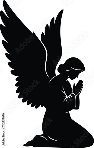 Silhouette of a praying angel with large wings kneeling in humble supplication spiritual devotion and faith vector