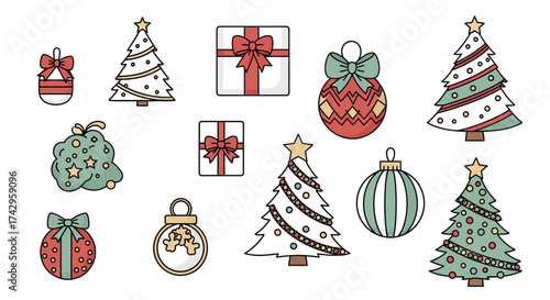 A festive collection of hand-drawn Christmas icons for holiday design, featuring decorated trees, gift boxes, and celebratory winter ornaments