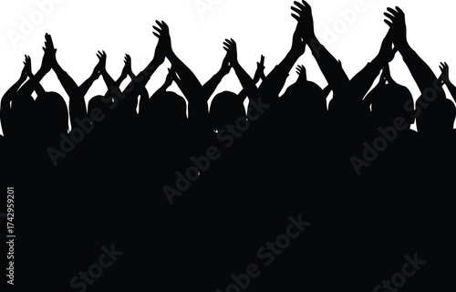 Excited crowd applause silhouette celebration success joyful audience hands up cheering event vector