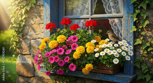 Colorful Flowers and Bird at Window.