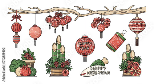 A festive set of hand-drawn Asian New Year decorations featuring traditional red lanterns, Japanese kadomatsu, and firecrackers for holiday celebration graphics