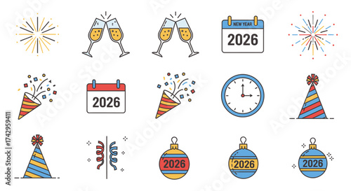 Collection of New Year's Eve celebration icons including fireworks, champagne, calendars with the year 2026, party hats, and festive ornaments, symbolizing a happy and prosperous new year