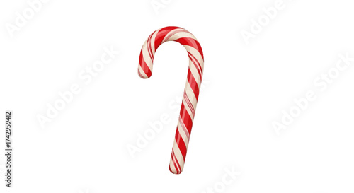A classic red and white striped peppermint candy cane, a traditional sweet treat for the Christmas holiday season, isolated against a clean white background