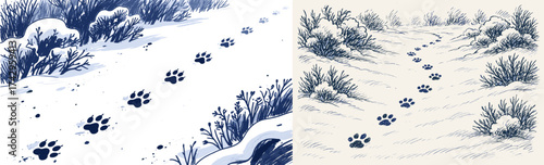 Cat Paw Prints in Snow, Hand-Drawn Winter Illustration Concept for Animal Tracking and Nature Theme