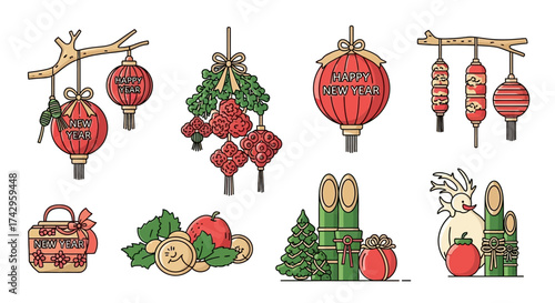 Illustrated collection of traditional holiday symbols for Lunar New Year celebrations, with festive red lanterns, bamboo kadomatsu, and lucky charms