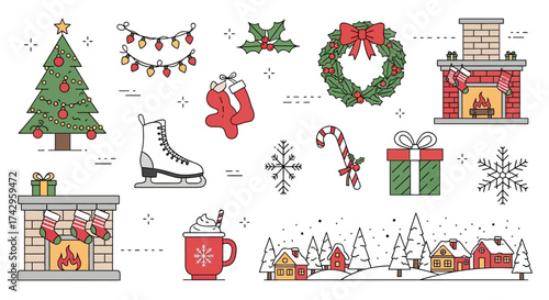 Festive Christmas Icons A Collection of Holiday Decorations, Winter Scenes, and Gifts Including Tree, Stockings, Wreath, and Fireplace