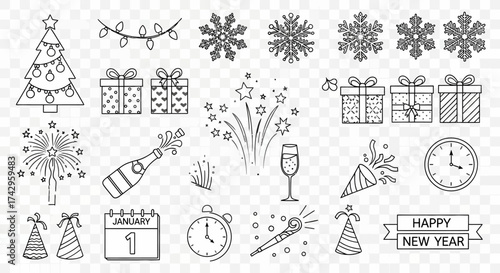 Festive New Year's and Christmas Icons Set Decorations, Gifts, Fireworks, and Holiday Elements for Design and Celebration