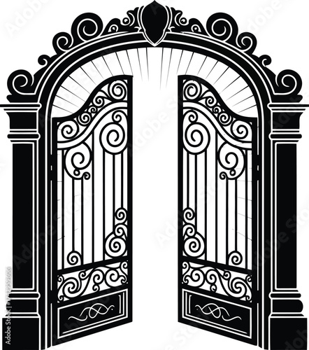 Ornate wrought iron archway gate open entrance decorative metalwork architectural element vector