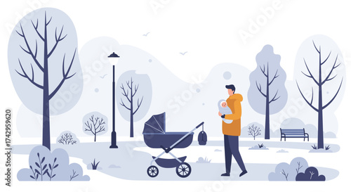 Person Holding a Baby in Winter Park, Flat Illustration Concept for Parenthood and Family Care