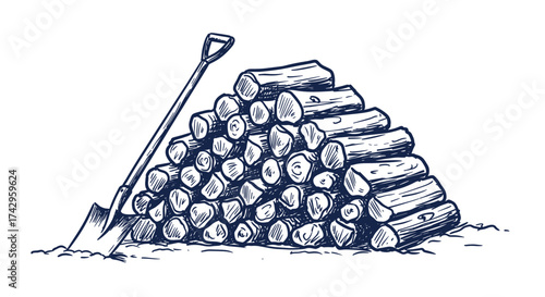 Shovel and Firewood Stack, Hand-Drawn Illustration for Winter Preparation and Rural Life Concept