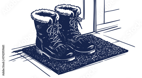 Winter Boots on Doormat by Door, Sketch Illustration for Cold Season and Cozy Home Concept
