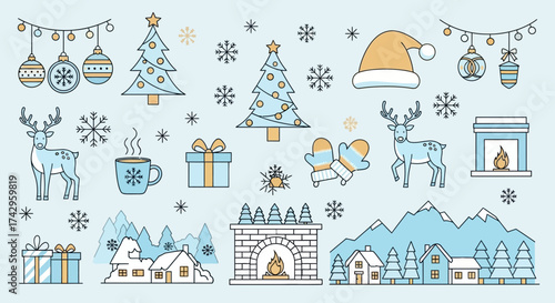 Collection of Christmas and winter holiday elements including decorated trees, snow, deer, presents, and cozy scenes for festive design projects