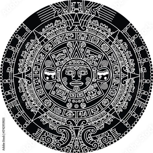Ancient aztec sun stone calendar symbol maya civilization mesoamerican culture icon vector
