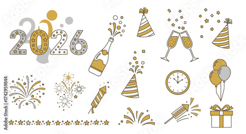 New Year's Eve celebration icons, including the year 2026, fireworks, champagne, party hats, clock, balloons, and gifts, perfect for festive designs and promotions