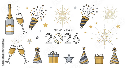 Festive New Year 2026 Icons Champagne Bottle, Glasses, Fireworks, Party Poppers, Hats, and Gift Boxes for Celebration